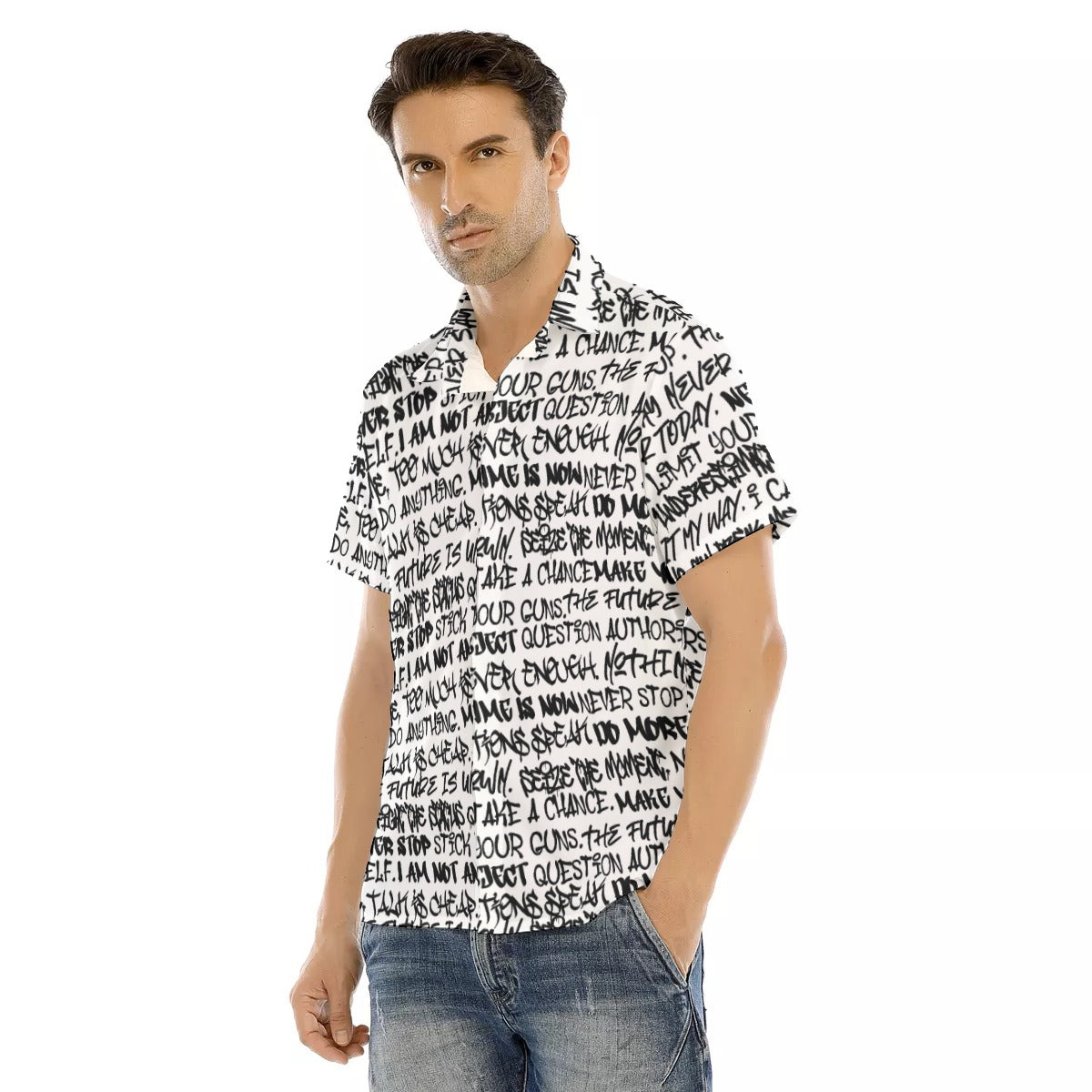 All-Over Print Men's Lapel Collar Short Sleeve T-shirt With Concealed Placket
