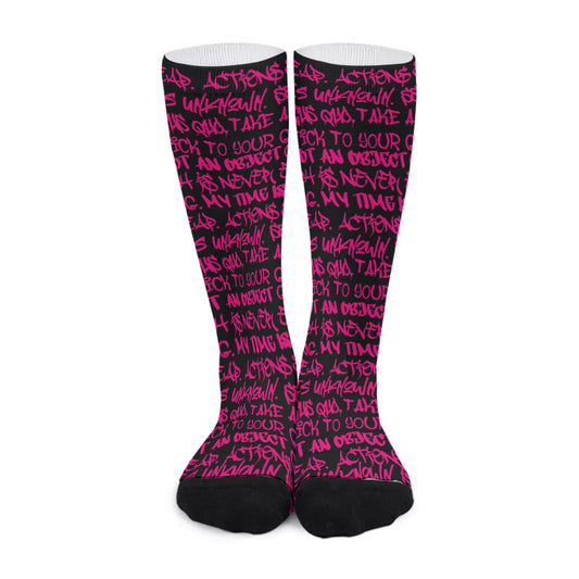 Punk Majesty Graffiti Unisex Long Socks, Pink on Black