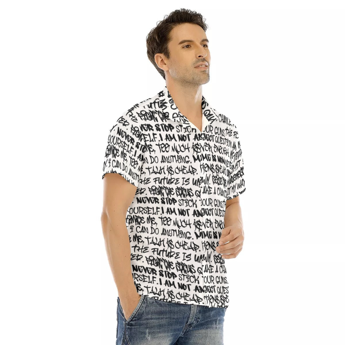 All-Over Print Men's Lapel Collar Short Sleeve T-shirt With Concealed Placket