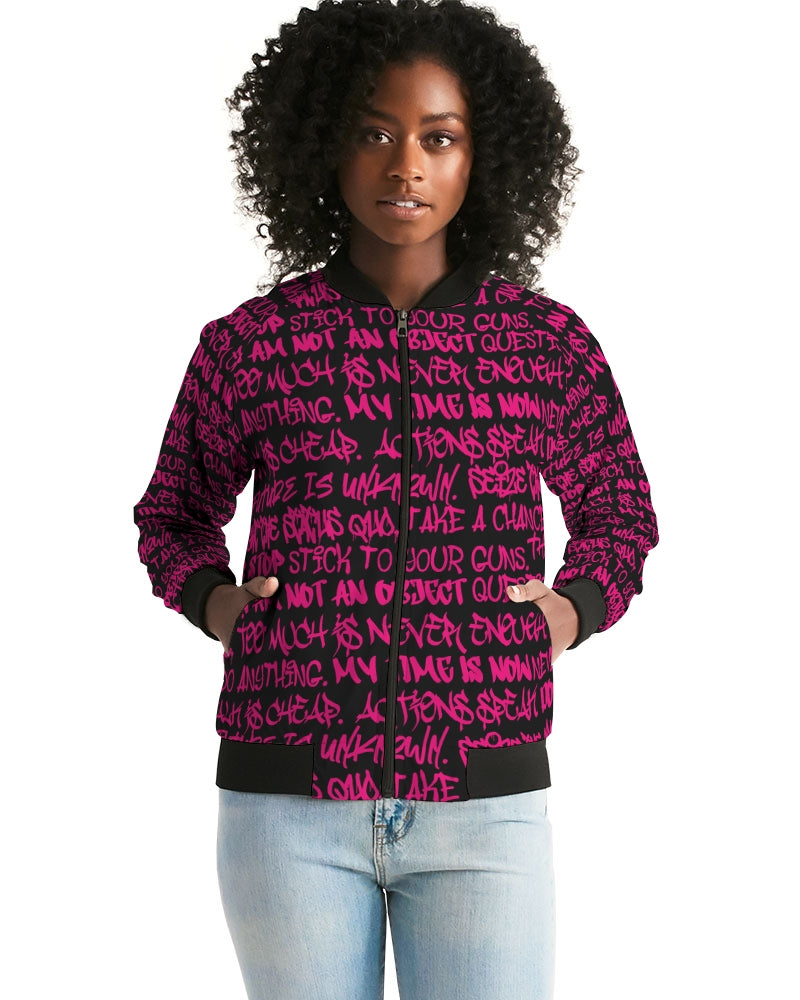 Women's Bomber Jacket, Black and Pink Graffiti