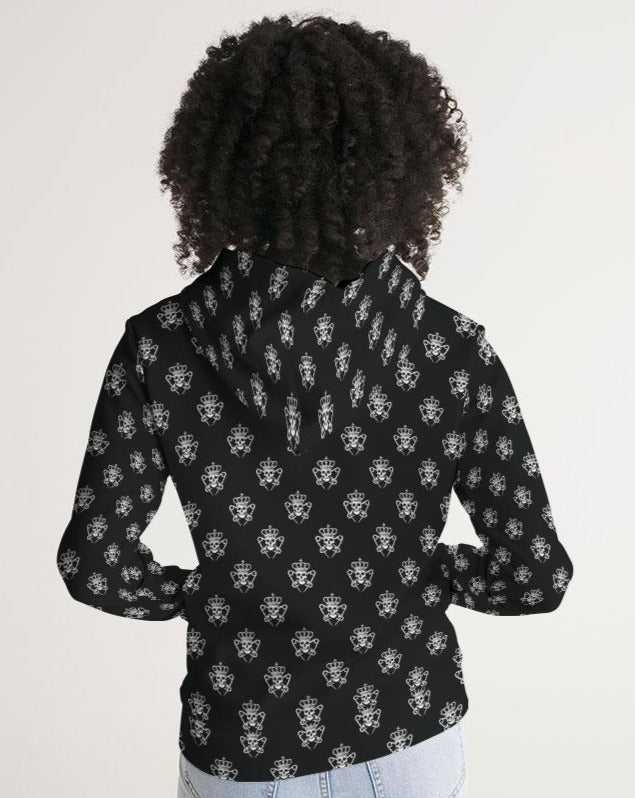 Womens Black Logo Pattern Hoodie with Skulls